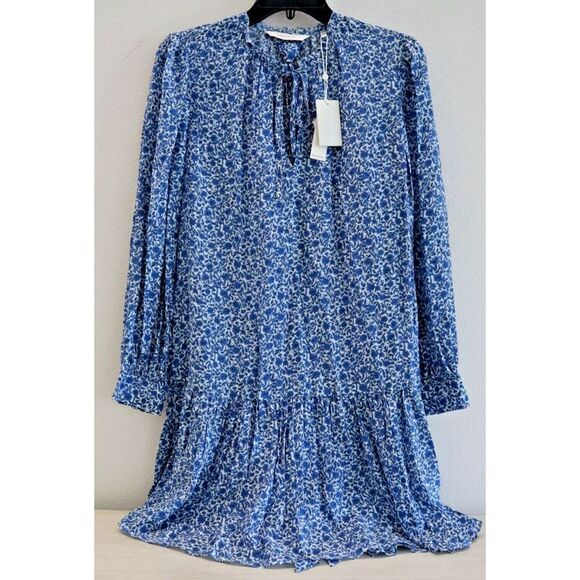 Rebecca Taylor Women's Sz S Delft Fleur Indigo Combo Belted Silk Mini Dress - Picture 2 of 12